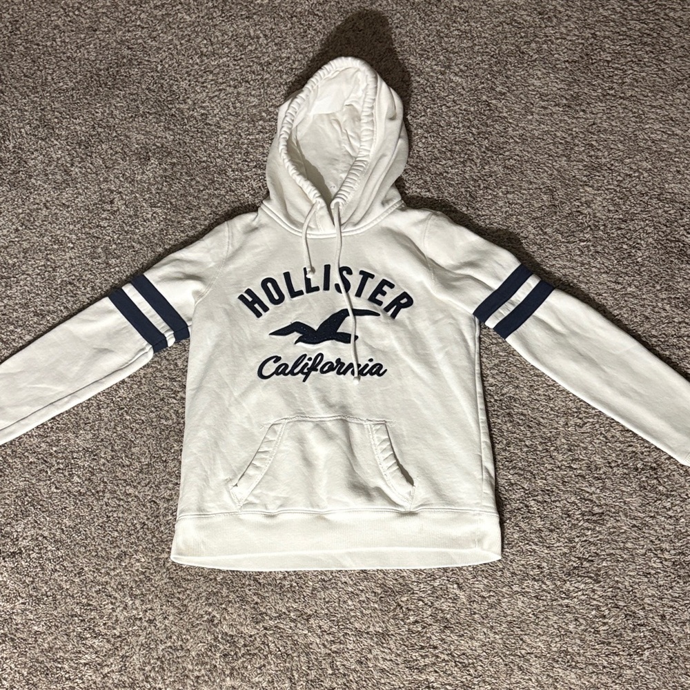 Hollister White Sweatshirt with Blue Stripes